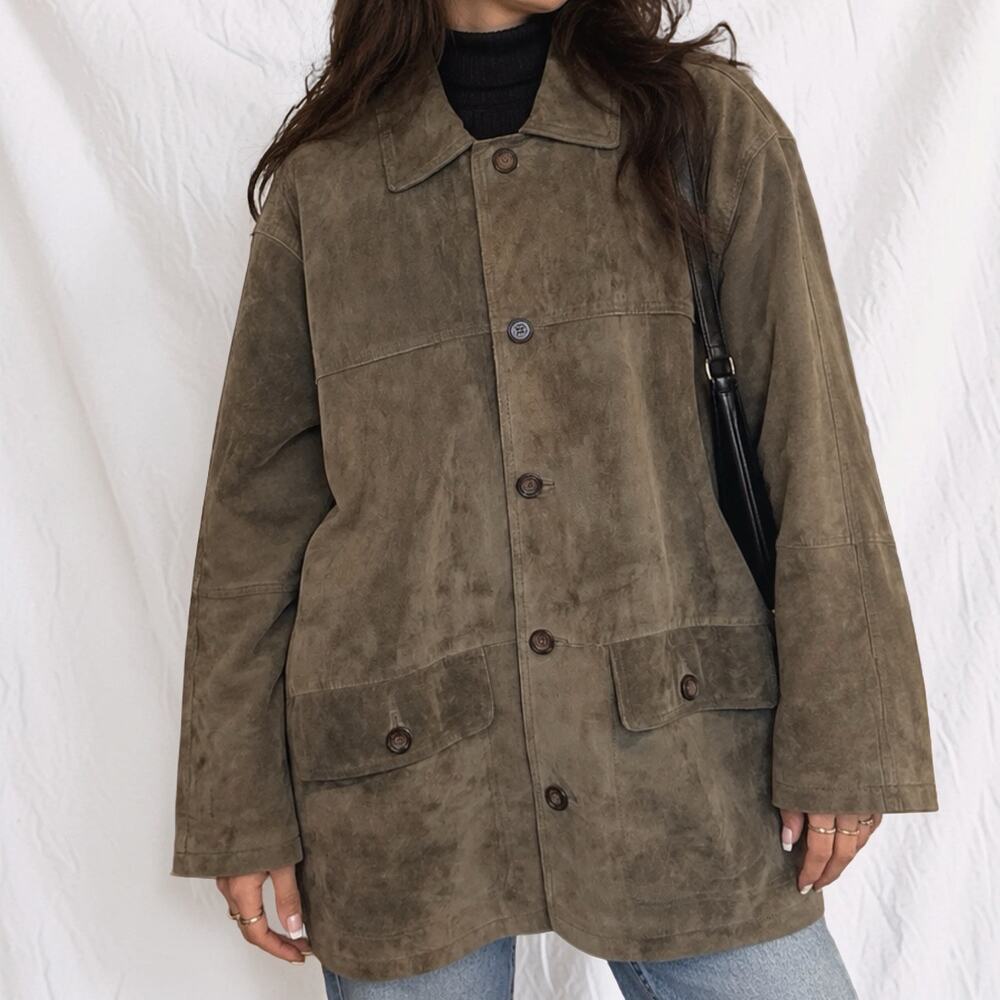 Vintage 90s Liz Claiborne Olive Green Genuine Suede Leather Coat Size Large